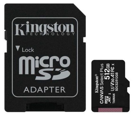 Kingston 512GB Canvas Select Plus Micro SDXC Card with SD Adapter, UHS-I Class 10, U3, A1 App Performance, 100MB/s