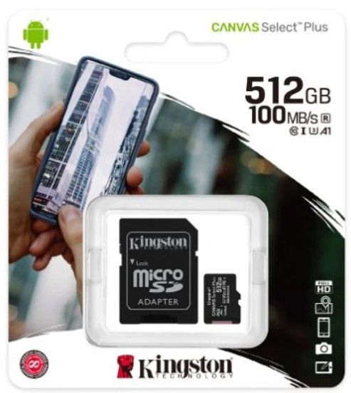 Kingston 512GB Canvas Select Plus Micro SDXC Card with SD Adapter, UHS-I Class 10, U3, A1 App Performance, 100MB/s