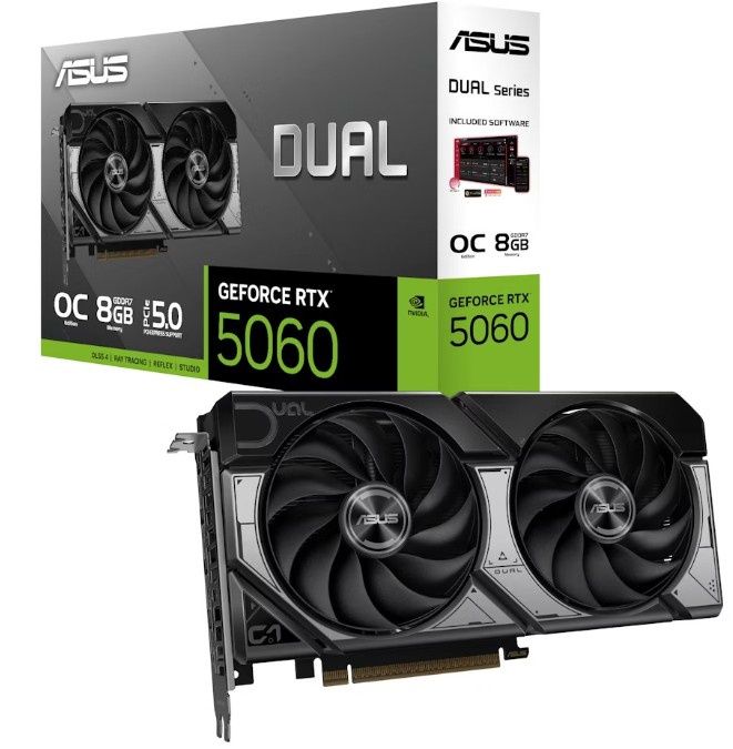 Asus DUAL RTX5060 OC, PCIe5, 8GB DDR7, HDMI, 3 DP, 2565MHz Clock, Overclocked, Compact SFF-Ready