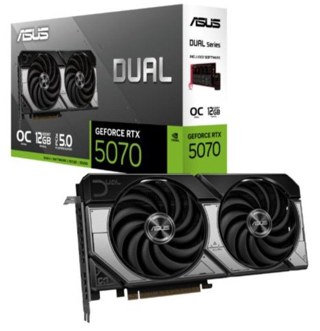 Asus DUAL RTX5070 OC, PCIe5, 12GB DDR7, HDMI, 3 DP, 2572MHz Clock, Overclocked, Compact SFF-Ready