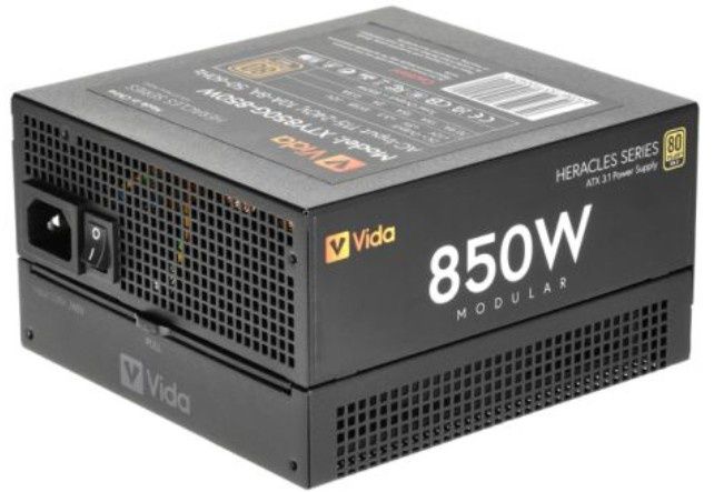 Vida 850W Heracles Black ATX 3.1 Gaming PSU, 80+ Gold, Fully Modular, 14cm Ultra-Quiet Semi-Fanless FDM Fan, Flat Black Cables, PCIe 5.1, Power Lead Not Included