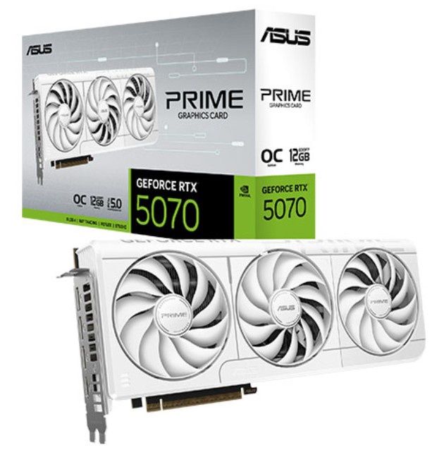 Asus PRIME RTX5070 OC, PCIe5, 12GB DDR7, HDMI, 3 DP, 2587MHz Clock, Overclocked, Compact SFF-Ready, White