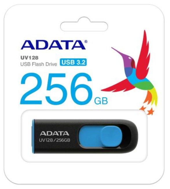 ADATA 256GB UV128 USB 3.0 Memory Pen, Retractable, Capless, Black &amp; Blue