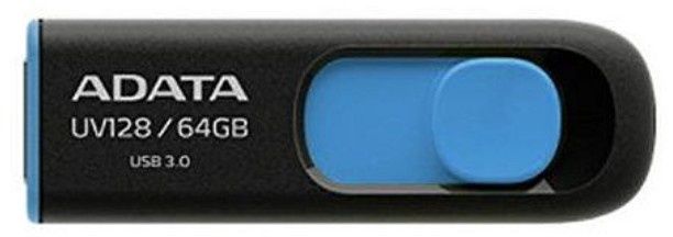 ADATA 64GB UV128 USB 3.0 Memory Pen, Retractable, Capless, Black &amp; Blue