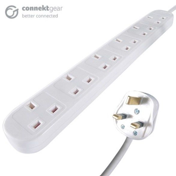 connektgear 3m 6 Way Power Extension Block - UK Plug to 6 x UK Sockets - White