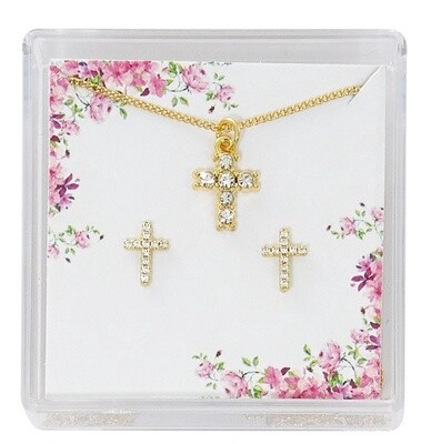 Gold Crystal Cross & Earrings