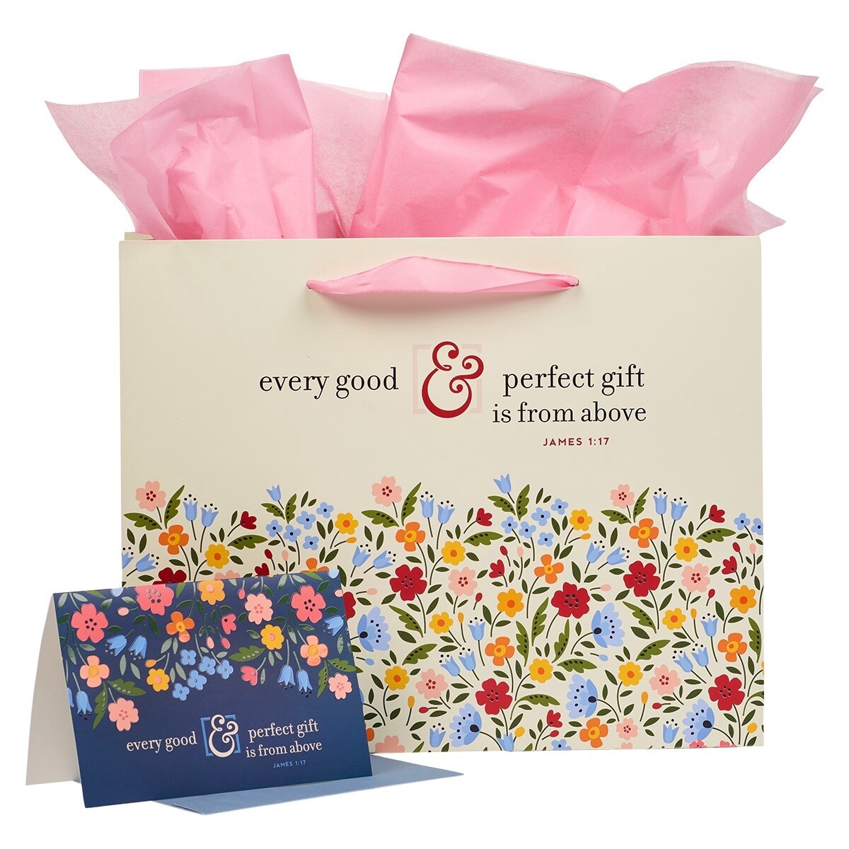 Every Good &amp; Perfect Gift Peach Floral Large Landscape Gift Bag and Card Set - James 1:17