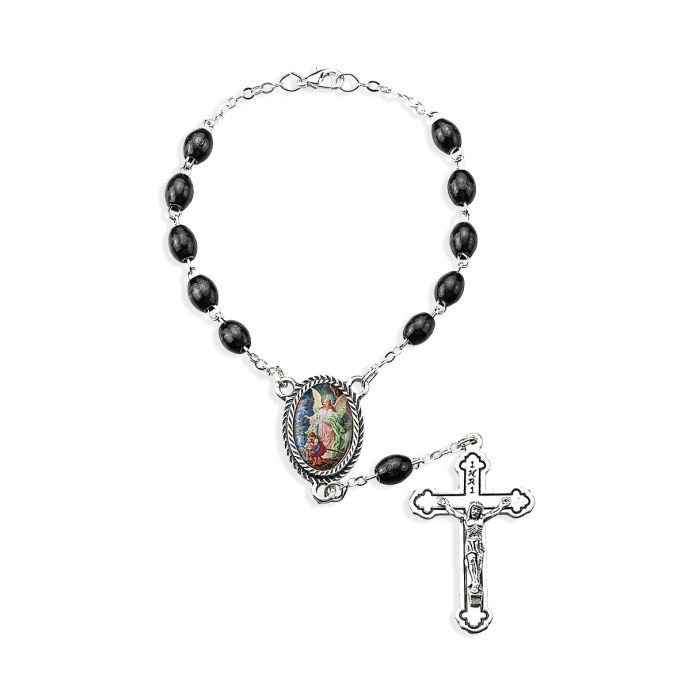 6mm Guardian Angel Black Wood Bead Auto Rosary