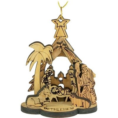 MANGER NATIVITY SCENE, OPEN GROTTO 3D OLIVE WOOD CHRISTMAS ORNAMENT FROM ISRAEL