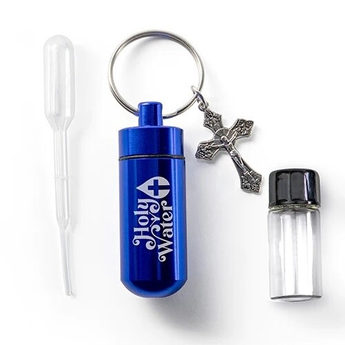 CATHOLIC HOLY WATER BOTTLE KEYCHAIN KIT - BLUE