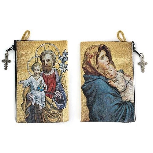 WOVEN TAPESTRY ROSARY POUCH, JEWELRY & COIN PURSE - SAINT JOSEPH AND BABY JESUS & MADONNA AND CHILD