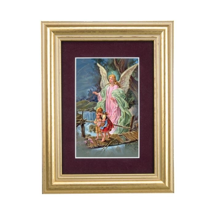 5 1/4&quot; x 6 3/4&quot; Gold Leaf Frame-Burgundy Matte with a Guardian Angel Print