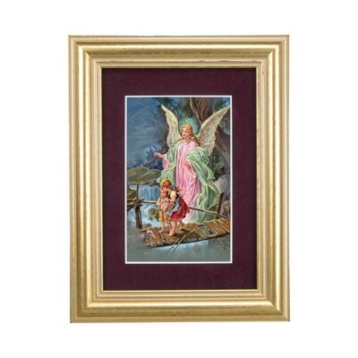 5 1/4" x 6 3/4" Gold Leaf Frame-Burgundy Matte with a Guardian Angel Print