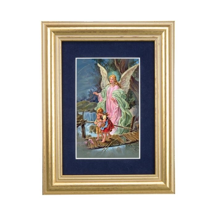 5 1/4&quot; x 6 3/4&quot; Gold Leaf Frame-Navy Blue Matte Guardian Angel Print