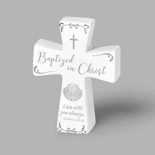 4.5&quot;H BAPTISM CROSS CERAMIC WITH SILVER DECAL