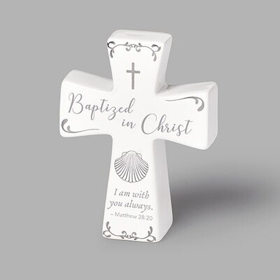4.5"H BAPTISM CROSS CERAMIC WITH SILVER DECAL