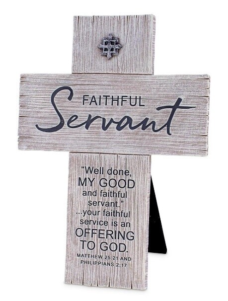 TABLETOP CROSS FAITHFUL SERVANT RESIN