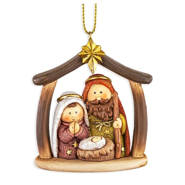2&quot; x 2&quot; Holy Family Nativity Ornament under Star and Curved Creche