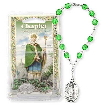 St Patrick Green Faceted Glass Bead Chaplet with Prayer Card
