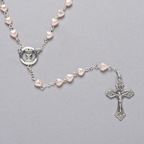 18"L Heart Pearl Communion Rosary w/ Chalice Decades