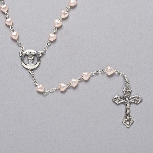 18&quot;L Heart Pearl Communion Rosary w/ Chalice Decades