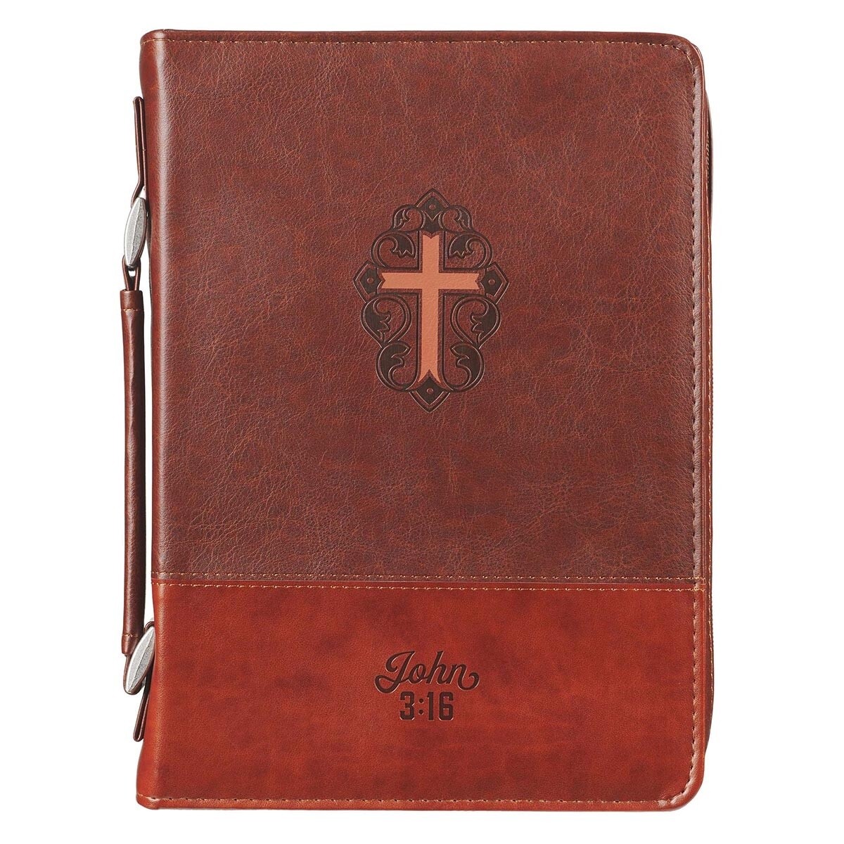 John 3:16 Two-Tone Brown Faux Leather Bible Cover With Cross, Size: Large