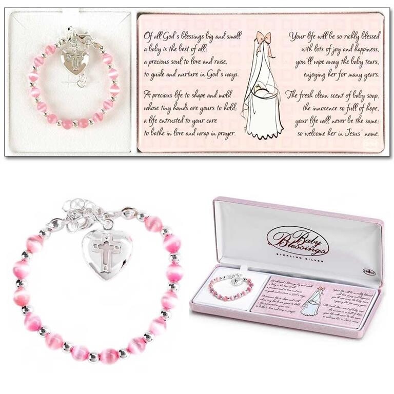 Bracelet Baby Heart/Cross Pink Cat Eyes SIL PL 4&quot;