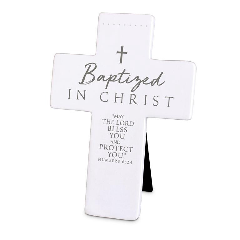 Tabletop Cross Baptized In Christ White