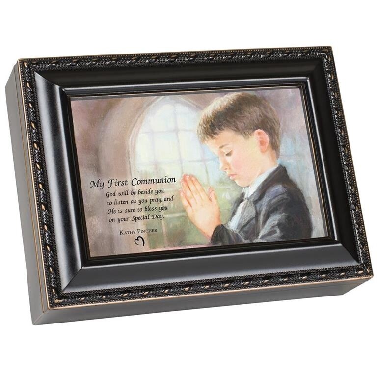 First Communion Boy Distressed Black Music Box