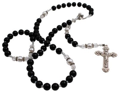 Communion Rosary Black with White OF Beads