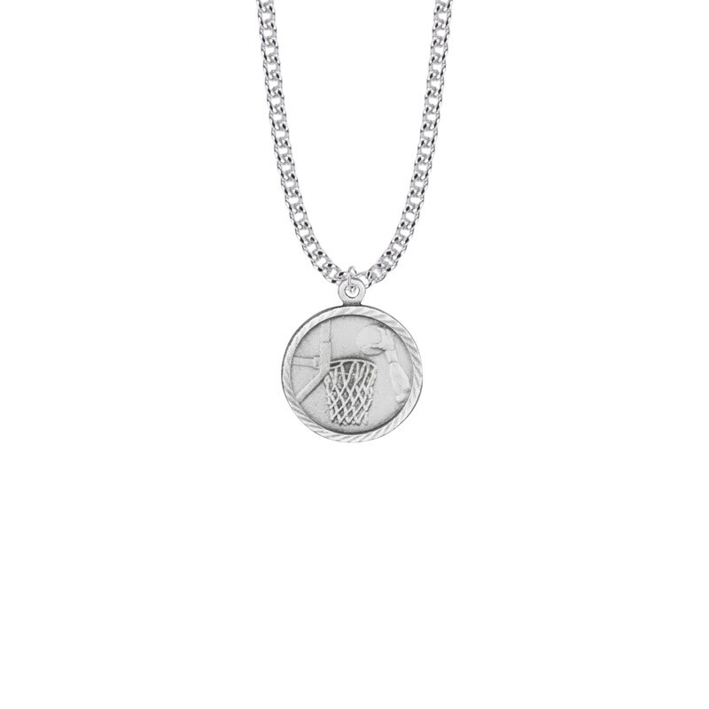 15/16 Inch Round Nickel Silver Boy&#39;s Basketball Medal with St. Christopher on Back