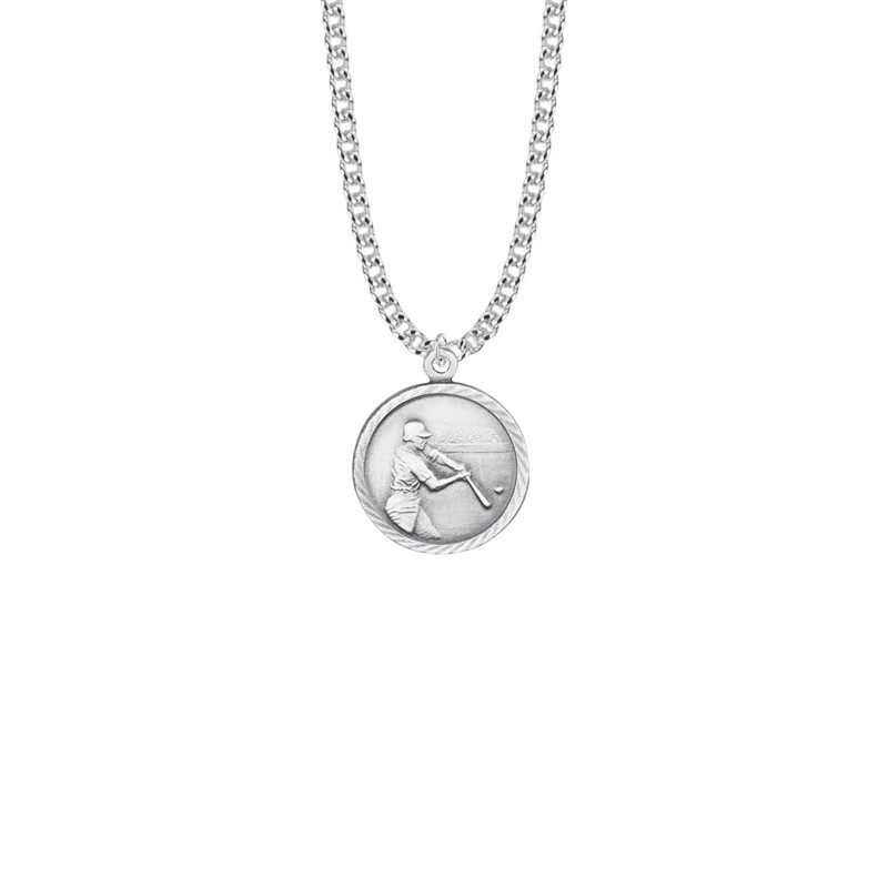15/16 Inch Round Nickel Silver Boy&#39;s Baseball Player Medal with St. Christopher on Back