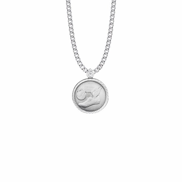 15/16 Inch Round Nickel Silver Boy&#39;s Track Medal with St. Christopher on Back