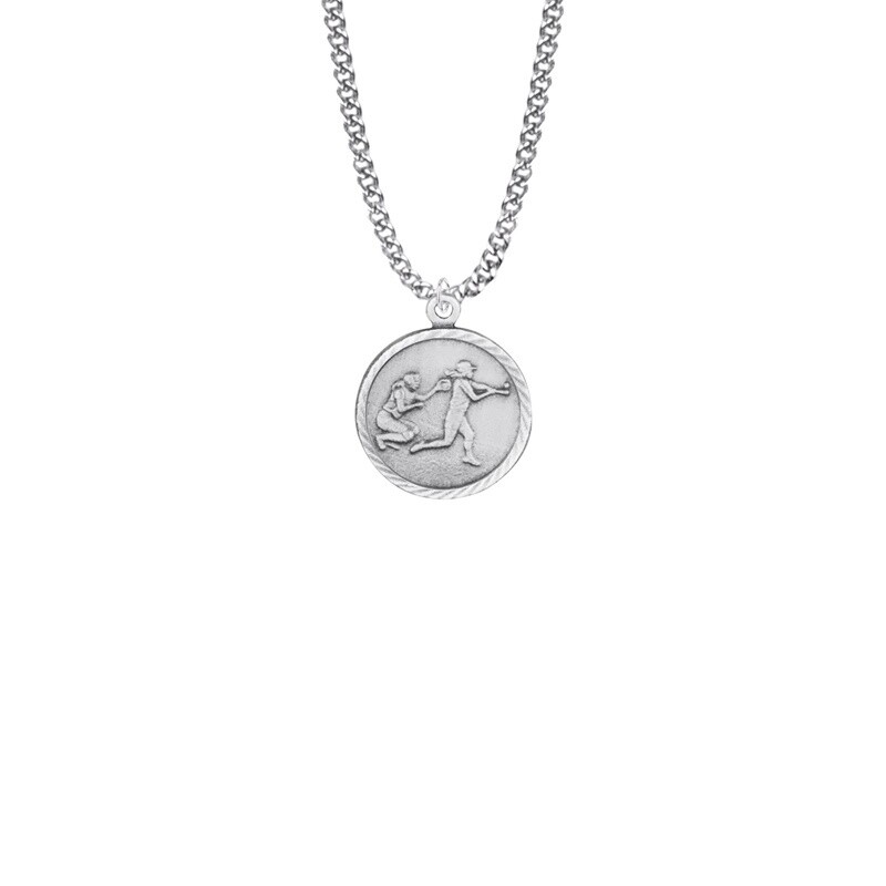 15/16 Inch Round Nickel Silver Girl&#39;s Softball Player Medal with St. Christopher on Back