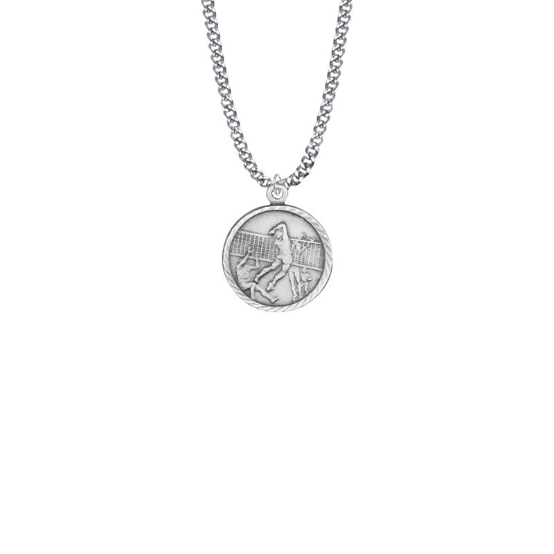 15/16 Inch Round Nickel Silver Girl&#39;s Volleyball Medal with St. Christopher on Back