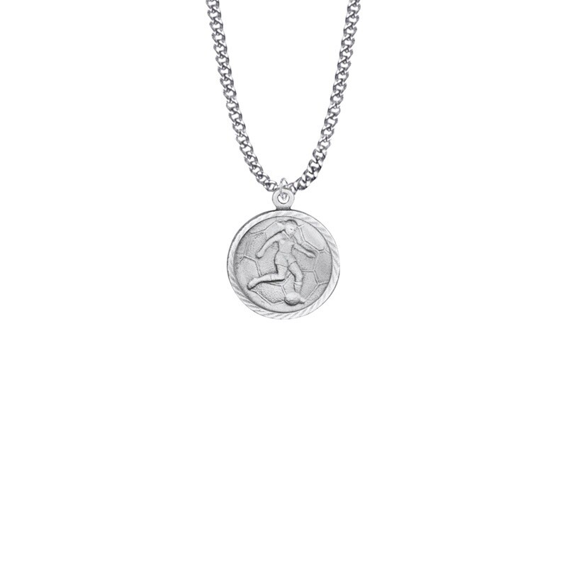 15/16 Inch Round Nickel Silver Girl&#39;s Soccer Player Medal with St. Christopher on Back