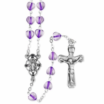 6mm Glass Amethyst Heart Bead Rosary with Crucifix and Miraculous Center