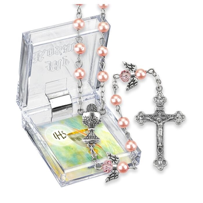 6mm Imitation Pink Pearl Glass Bead Communion Rosary with Angel Our Father Beads