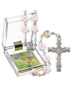 8mm White Floral Shaped Bead Rosary