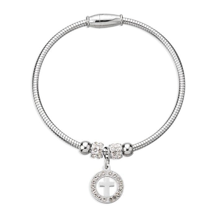 Stainless Steel Silvatore Crystal Cross Charm Bracelet