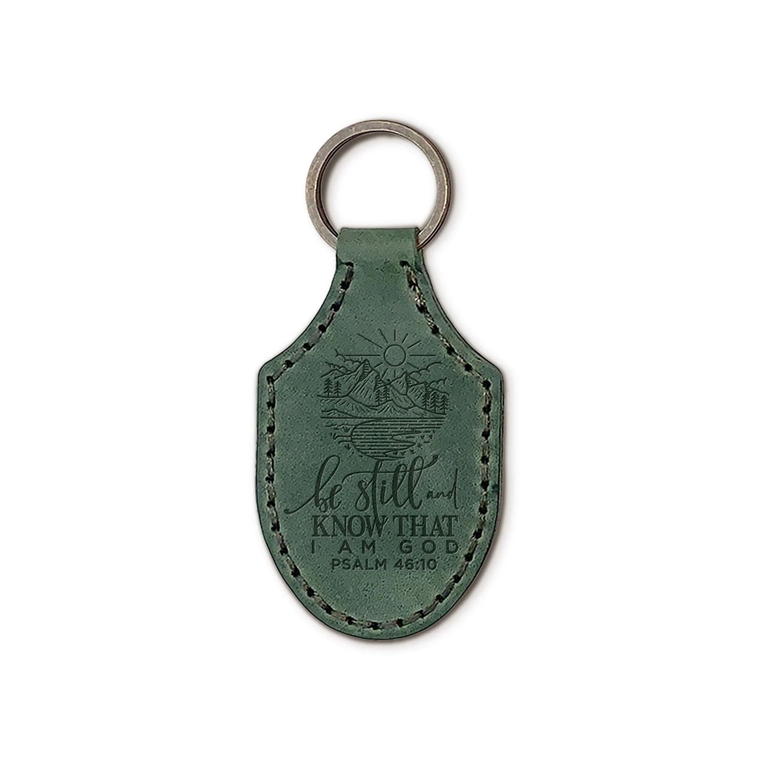 DEBOSSED LEATHER KEYCHAINS – BE STILL AND KNOW – GREEN