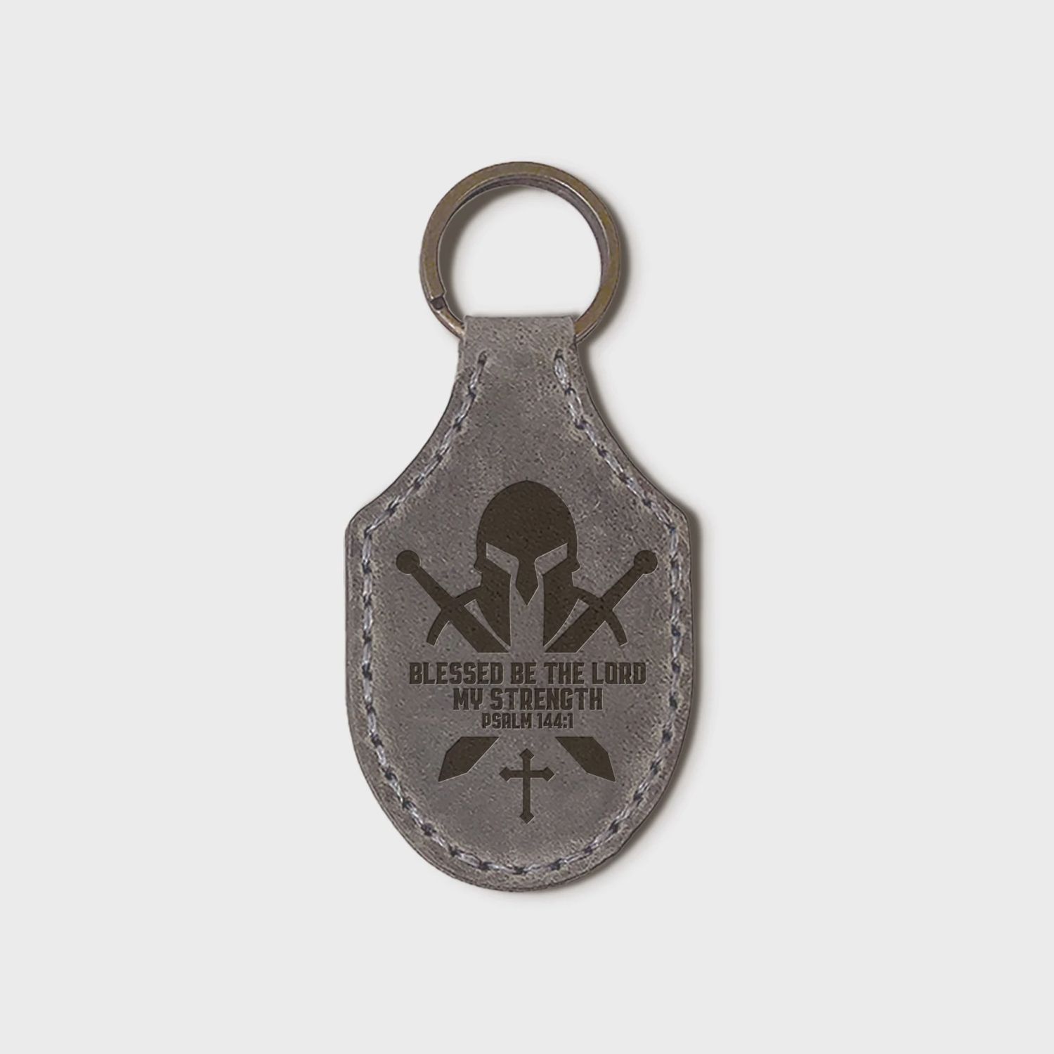 DEBOSSED LEATHER KEYCHAINS – THE LORD MY STRENGTH – GRAY