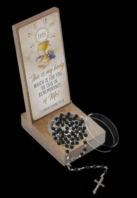 First Communion Light Wood Keepsake with Rosary