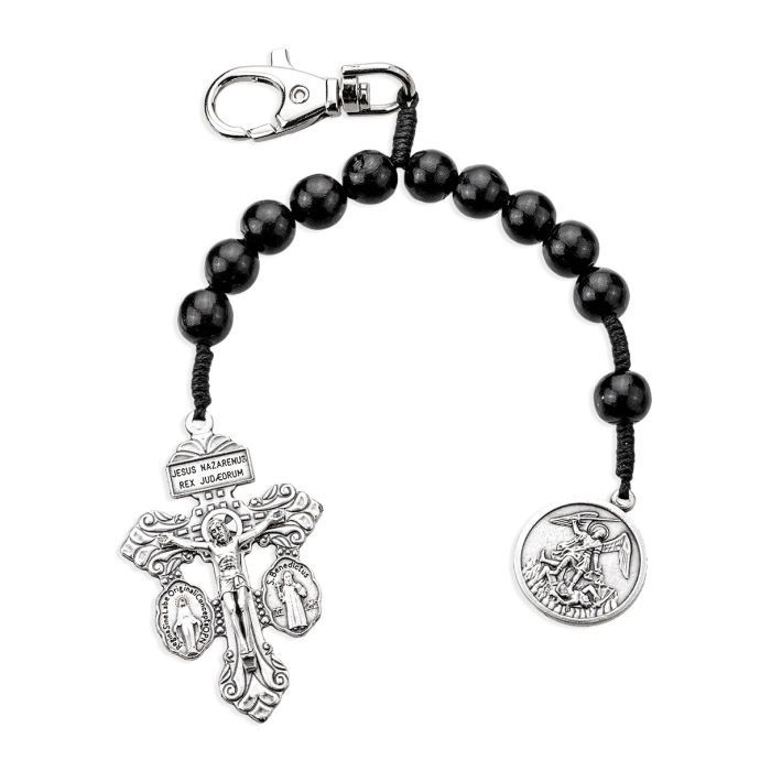 Saint Michael One Decade Wood Rosary Backpack Clip