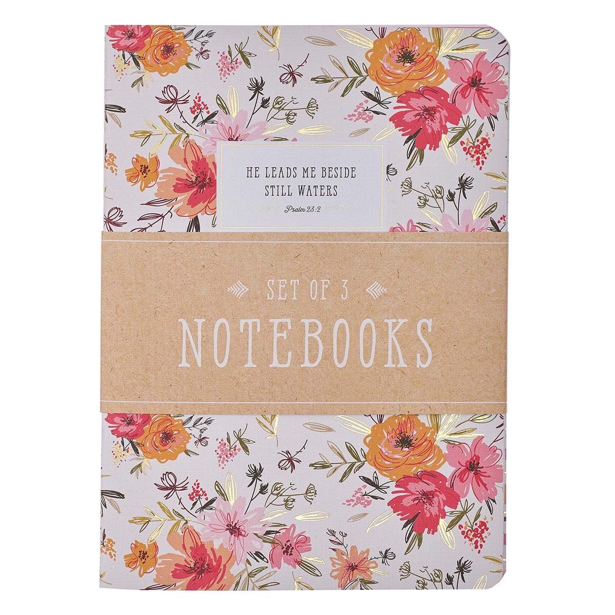 He Leads Me Pink Floral Large Notebook Set - Psalm 23:2