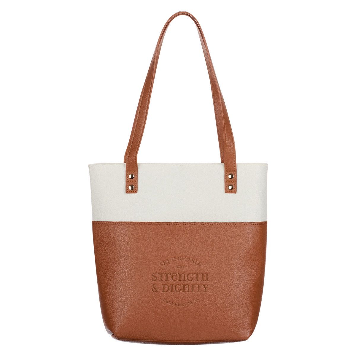 Strength &amp; Dignity Two-tone Toffee and Cream Felt Fashion Bible Tote Bag - Proverbs 31:25