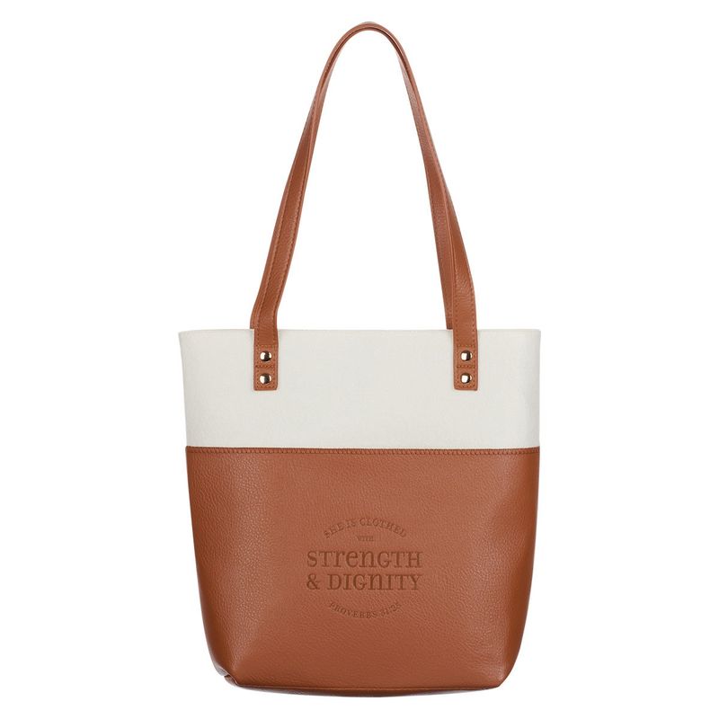 Strength &amp; Dignity Two-tone Toffee and Cream Felt Fashion Bible Tote Bag - Proverbs 31:25