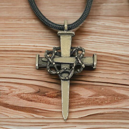 Nail Crown Cross Necklace Large Cross Antique Brass Metal Finish LGAA4-B