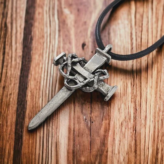 Nail Crown Cross Large Pendant Black Cord LGAA4-RUB