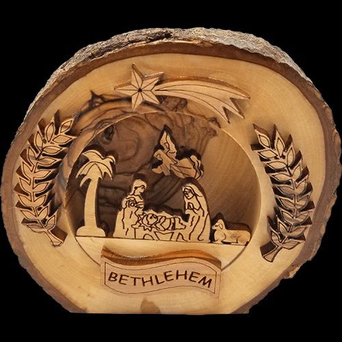 Holy Land Olive Wood Round Nativity with Bark